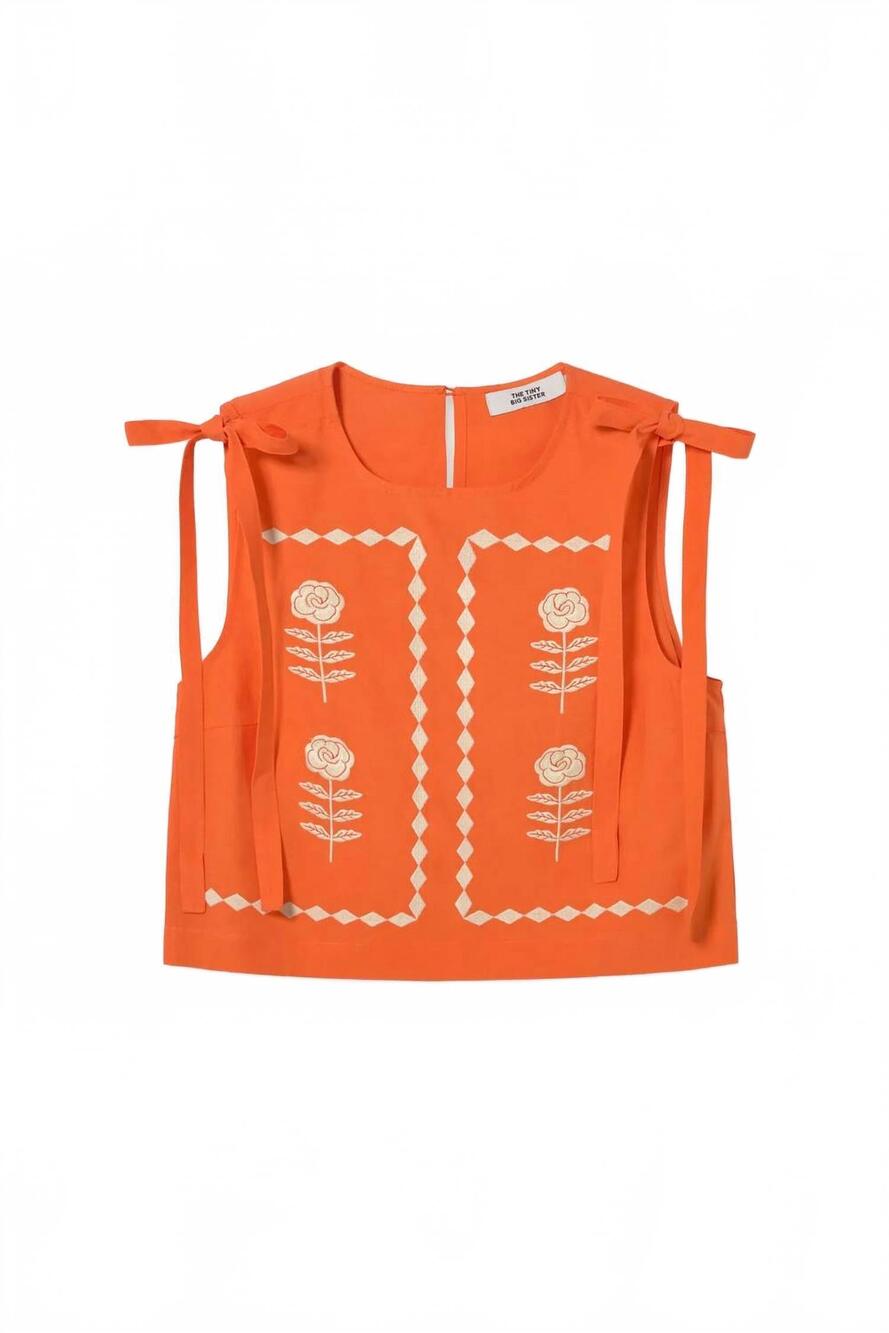 NEW THE TINY BIG SISTER women's embroidered sleeveless top in orange